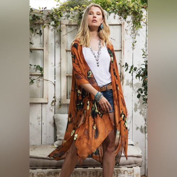 Bohemian Rust Floral Print Kimono w/ Side Slits - Rich Deep Colors - Picture 6 of 7